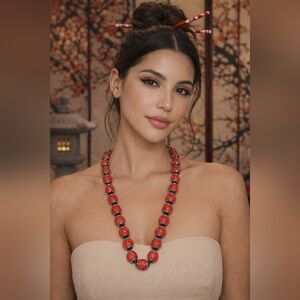 Elegant Vintage Genuine Cinnabar w/ Cloisonne Necklace